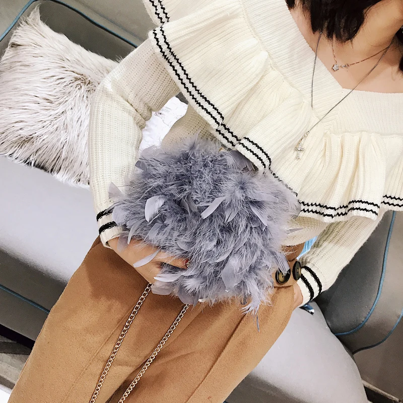 2021 Winter Real Women Ostrich Feather Shoulder Bag Chain Bags Desinger Ladies Small Handbags Women Teenagers Clutch Purse Bags