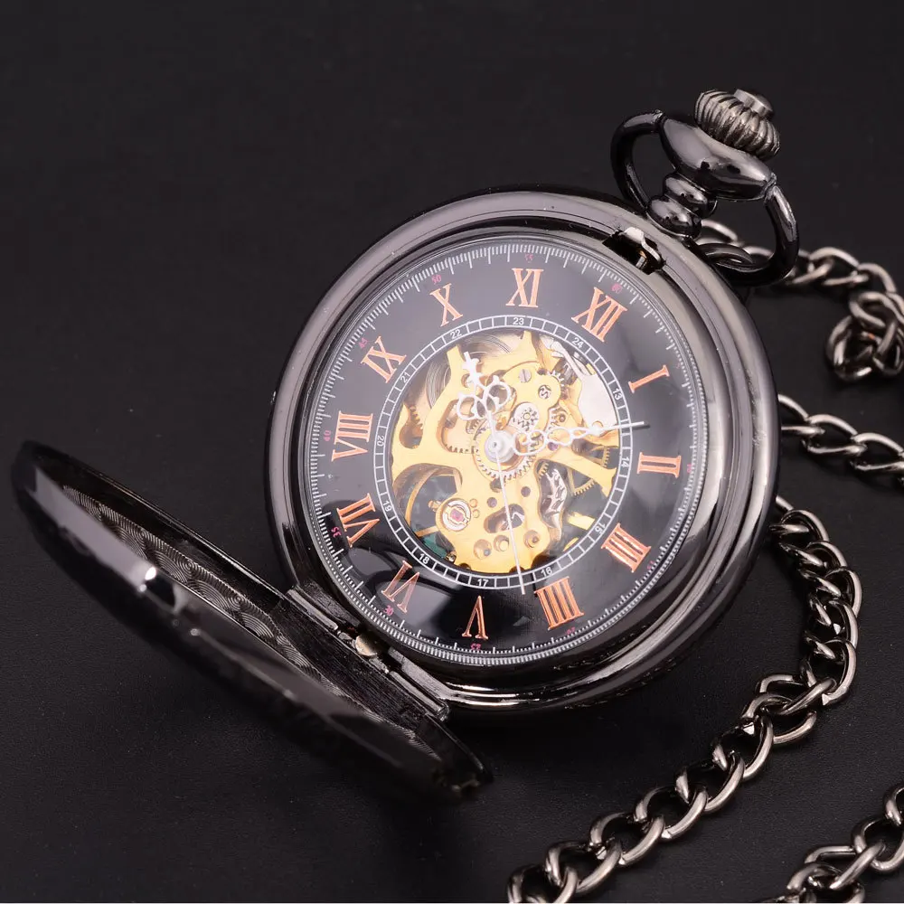 Steampunk Skeleton Dial Black Case Male Relogio De Bolso Retro Roman Numerals Chain Clock Men Mechanical Hand Wind Pocket Watch