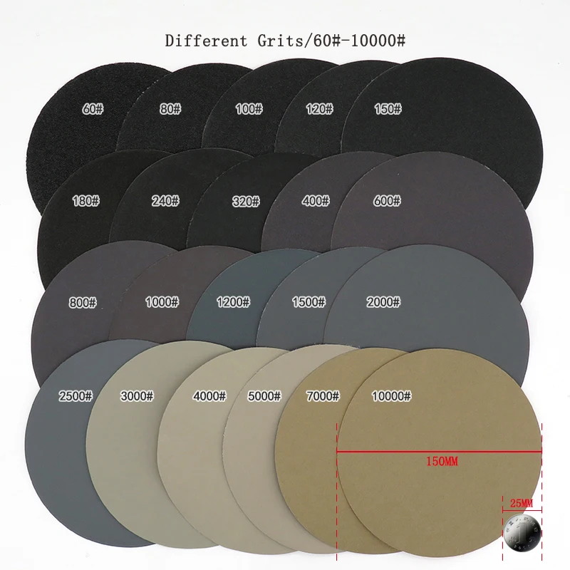 20pcs 6 Inch 150mm Waterproof Sanding Discs Hook & Loop Silicon Carbide Sandpaper Wet/Dry 60 to 10000 Grit for Polishing