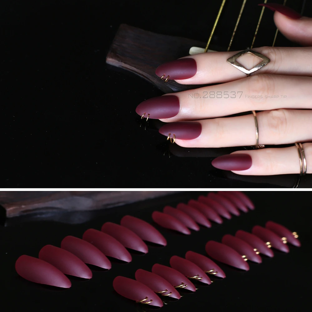 Matte False nails Stiletto 24pcs Full Nail Tips vampire Punk RED DIY Fake Nails mountain peak personality Designs silvery metal