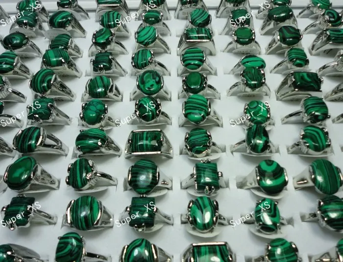 15Pcs Whole Jewelry Bulk Lots Mix Green Malachite Stone Silver Plated Ring For Women Men Fashion Jewelry Free Shipping LR524