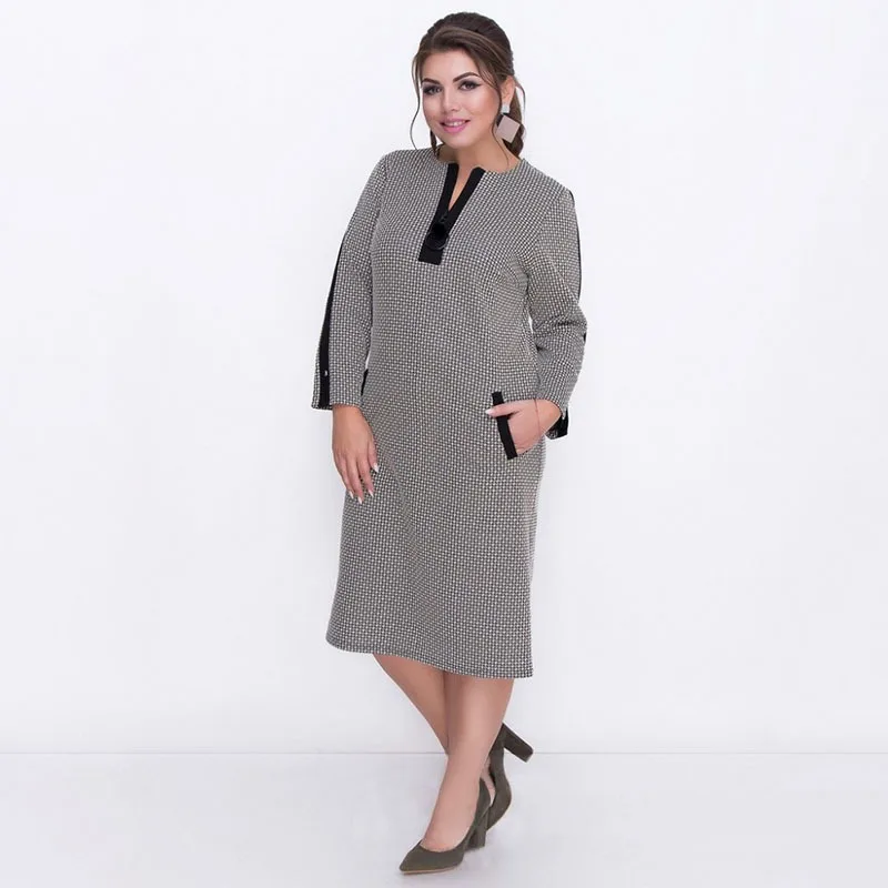 Vestiti più di Formato Per Le Donne 4Xl 5Xl 6Xl Plaid del Vestito di Autunno 2019 Manica Lunga Midi Elegante casual Vestiti di Inverno 2019 DD2102