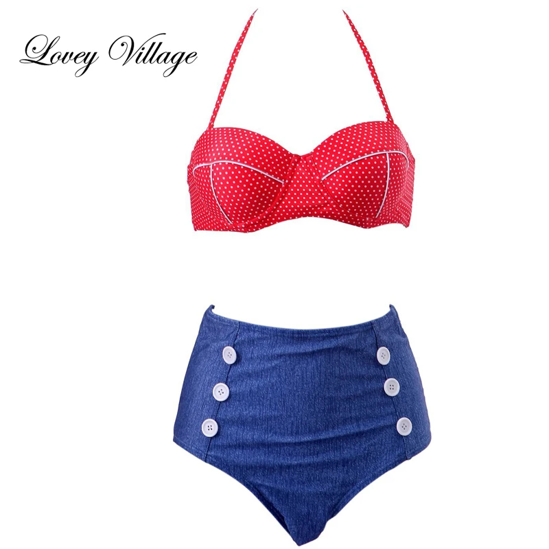 Lovey Village Denim Sexy Bikinis Women Swimsuit Push Up Bikini Set High Waist Retro Vintage Bathing Suits Halter Top Bikini