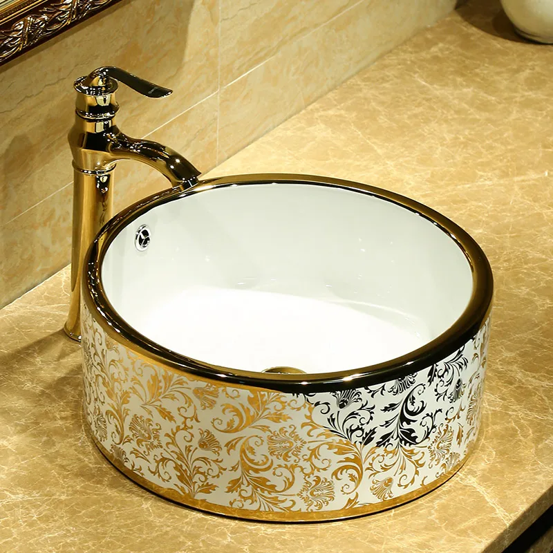 

Gold pattern Europe Vintage Style Art wash basin Ceramic Counter Top Wash Basin bowl round ceramic wash basin bathroom sink