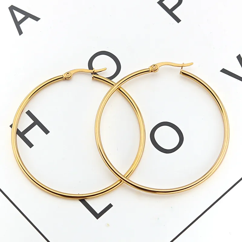 Big Smooth Circle Hoop Earrings para mulheres, aço inoxidável, brincos redondos, bijuterias de festa, Girl Gift, moda, 10-75mm