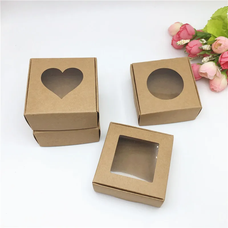 20pcs Kraft Paper Window Box For Products/Favors Jewelry Display Packing Gift Box Popular Cardboard Handmade Soap Case Boxes