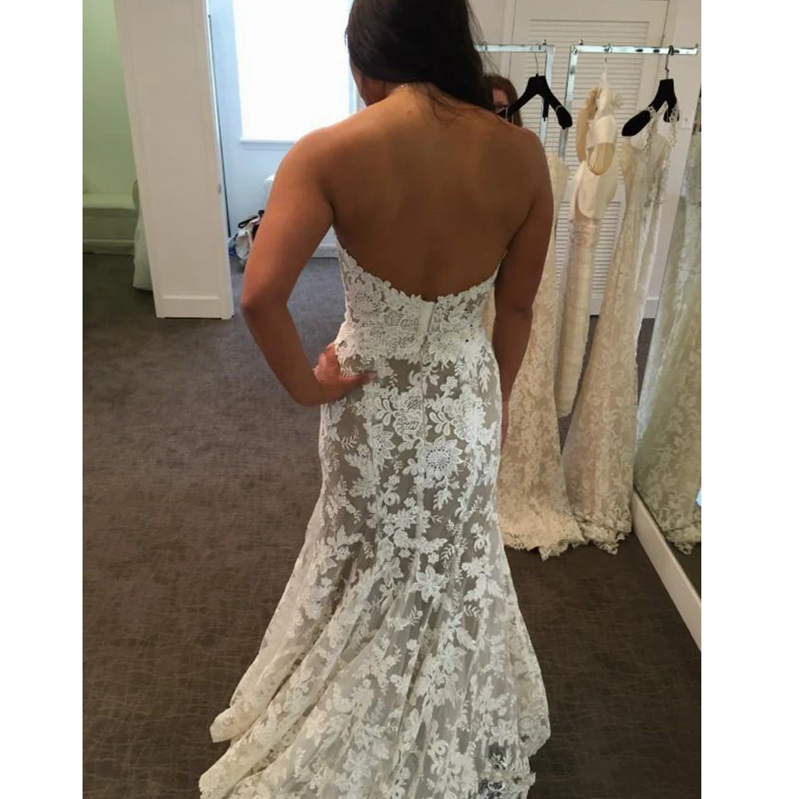 Neue Elegante Schatz Volle Spitze Meerjungfrau Hochzeit Kleider 2021 Backless Open Back Ärmellose Garten Sweep Zug Brautkleid