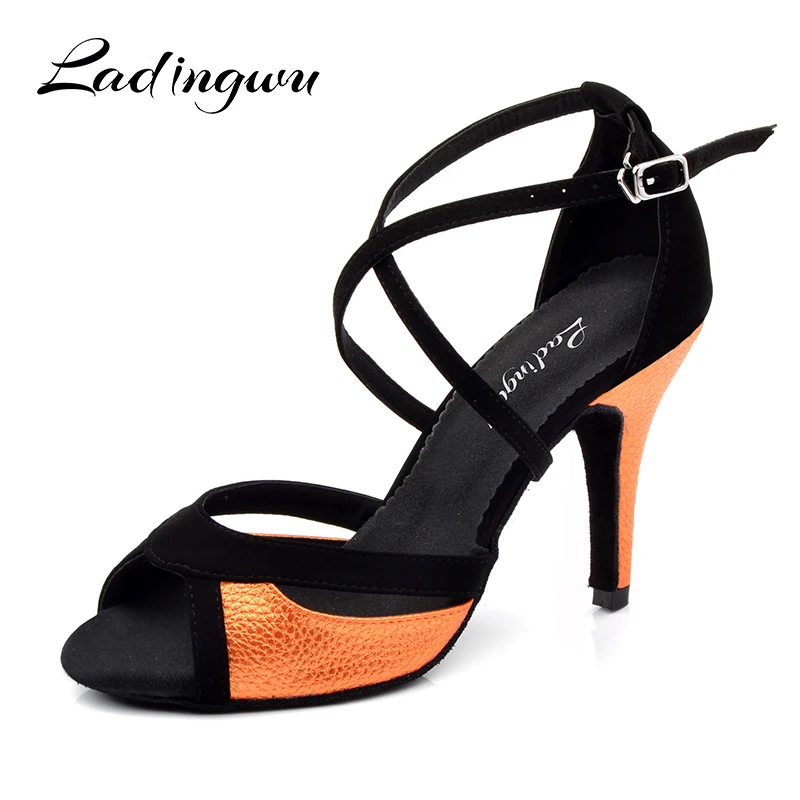 Ladingwu – chaussures de danse en flanelle noire et Orange pour femmes, sandales de danse latine PU pour salle de bal, talon 10cm