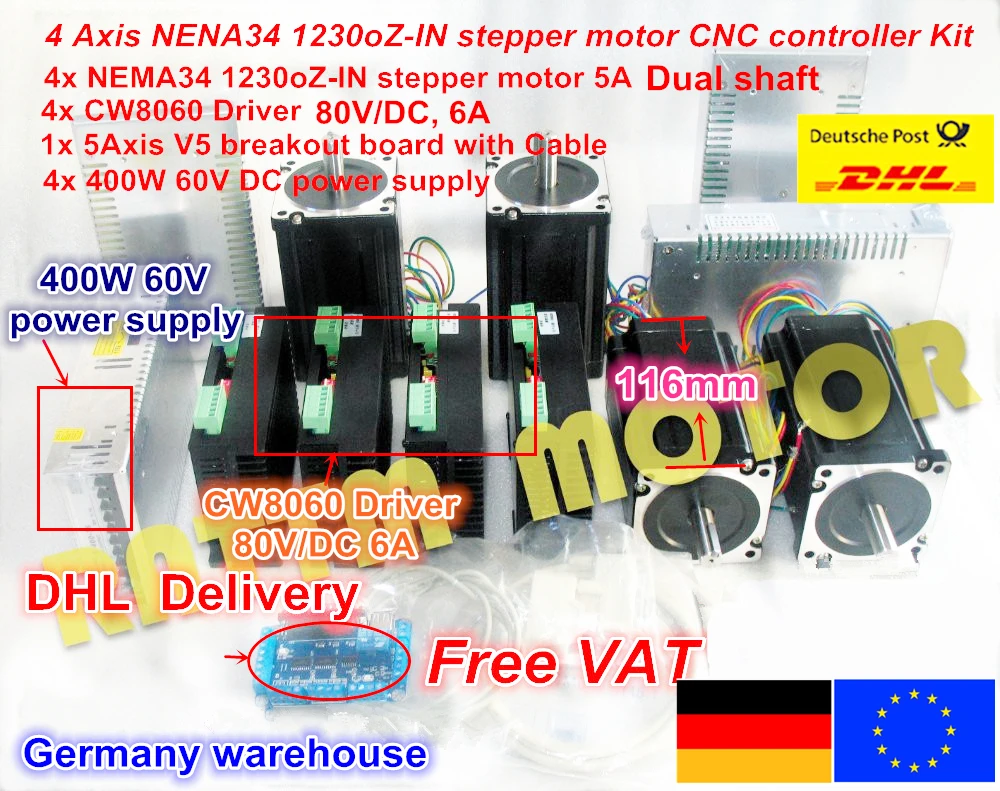 【EU free VAT】 4 Axis Nema34 Stepper Motor 1230Oz-in/5A Dual shaft & 6A/80VDC 256 Microstep driver Kit for CNC Milling Machine