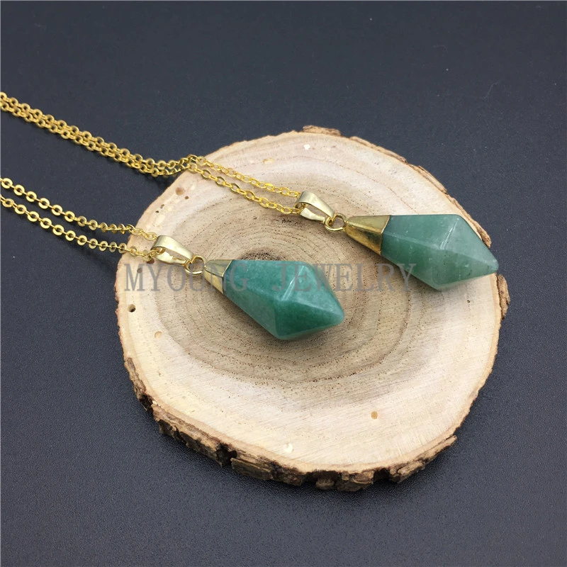 

MY0926 Cone Aventurine Pendulum Pendant Point Gold Electroplated Chain Necklace