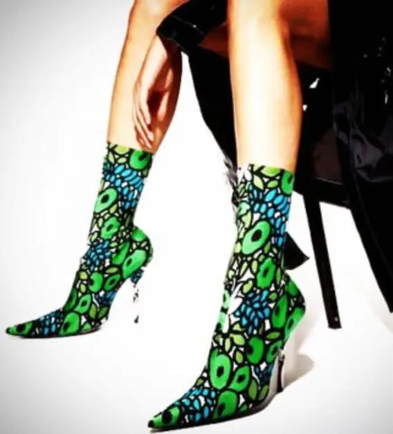 Hottest Flower Print Women Spandex Boots Sexy Point Toe Ladies High Heel Slip On Stretch Stain Sock Boots Fashion Slim Boots