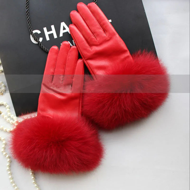 Luxury Leather Gloves With Real Fox Fur Womens Fashion 2022 Winter Red Hand Warm Black Glove Women Driving Matural Fur Gloves