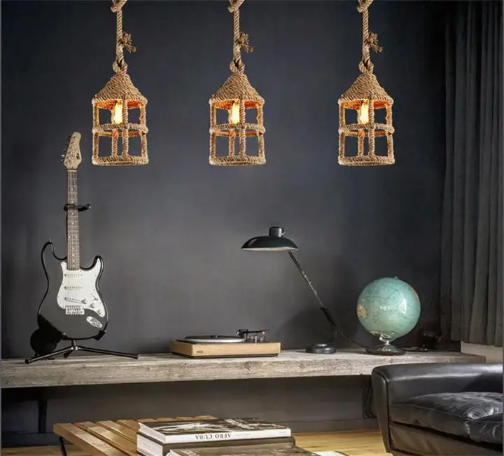 

Retro Hemp Rope Wrought Iron Pendant Lamp American Pastoral Bar Cafe Restaurant Lighting 257-N25