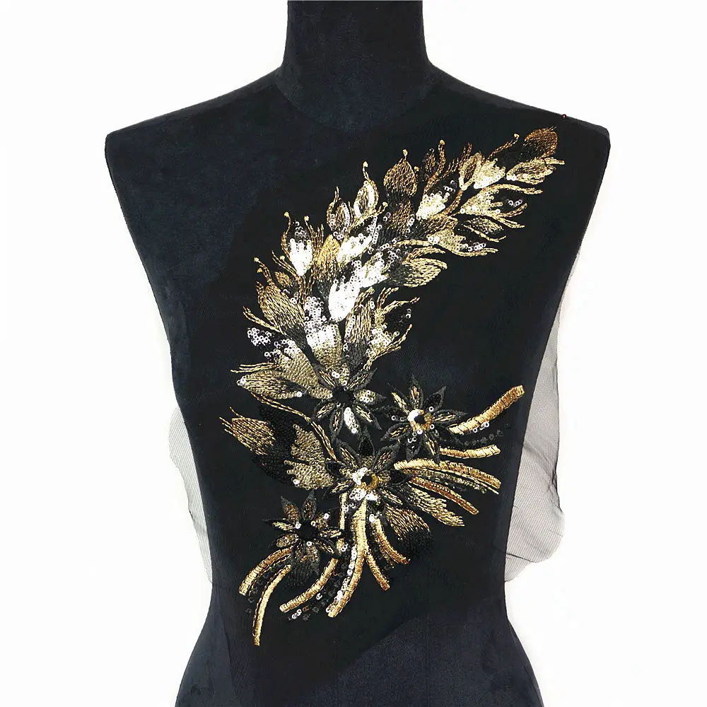 Blue Black Gold Sequins Feather Tail Flowers Appliques Lace Trims Mesh Sew On Patch Embroidery For Wedding Gown Decoration DIY