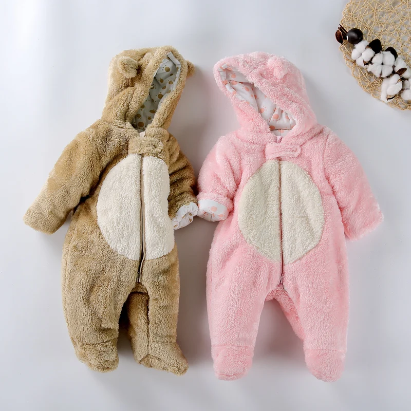 Baby clothes winter bear coral fleece hooded jumpsuit thick warm baby rompers children overalls kids boy girl clothes pajamas