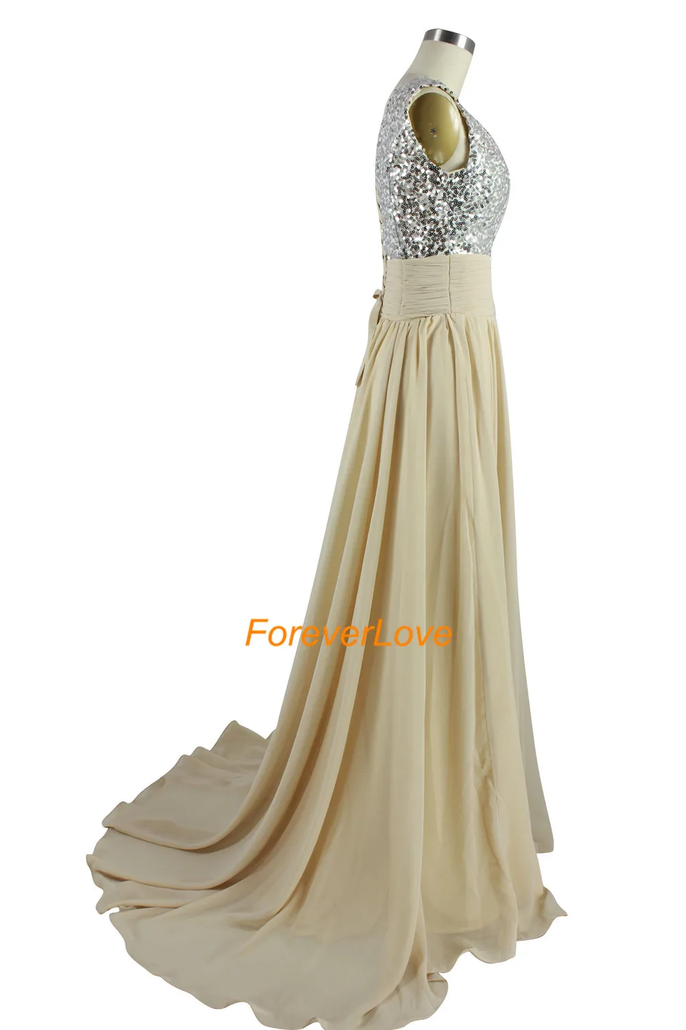 2016 sexy v pescoço lantejoulas chiffon uma linha champagne sem costas chiffon longo vestido de baile festa formal vestido de noite