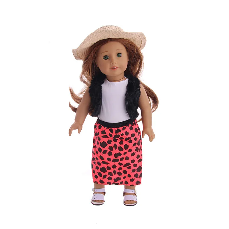 Pink leopard skirt + black fur waistcoat Doll Clothes sandal for 18 inch &43cm baby doll accessories toys for children