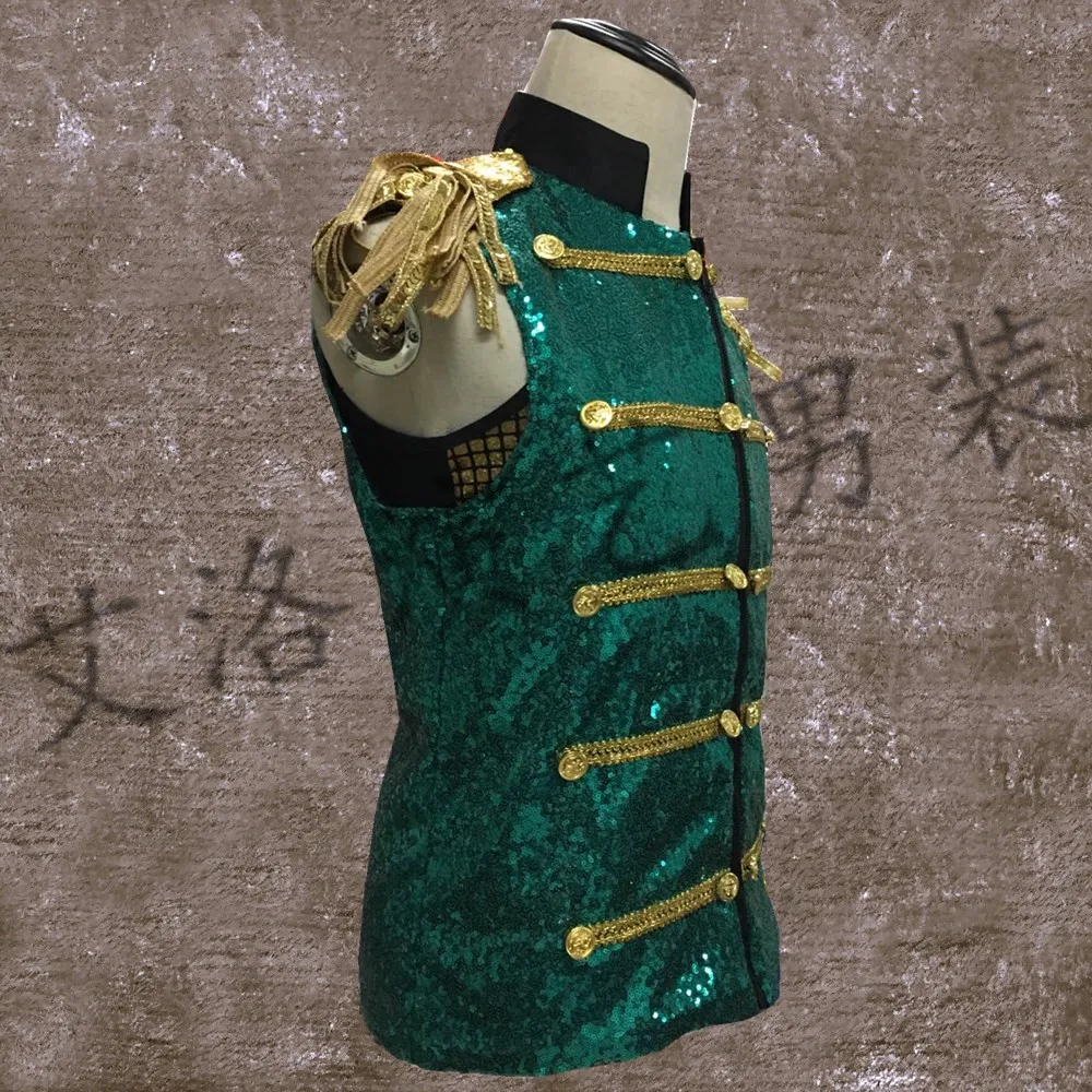 

Free shipping green full sequins beading golden vintage vest stage performance sequins vest/can customs size for free