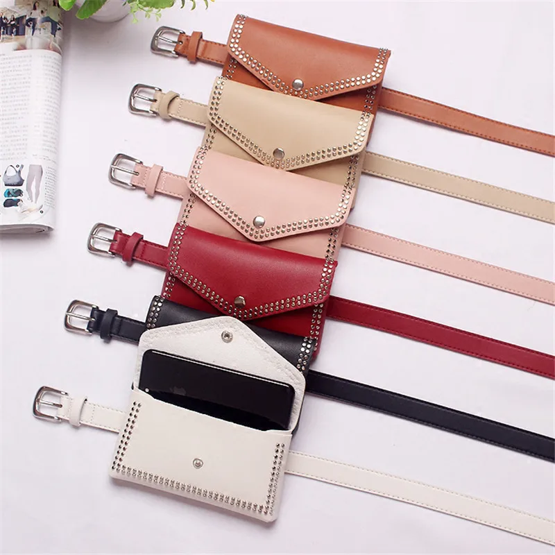 Mihaivin Women Rivet Waist Belt Pack Casual Waist Bag PU Leather Women Bags Travel Belt Wallets Fanny Bags Ladies Fit iphone13/+