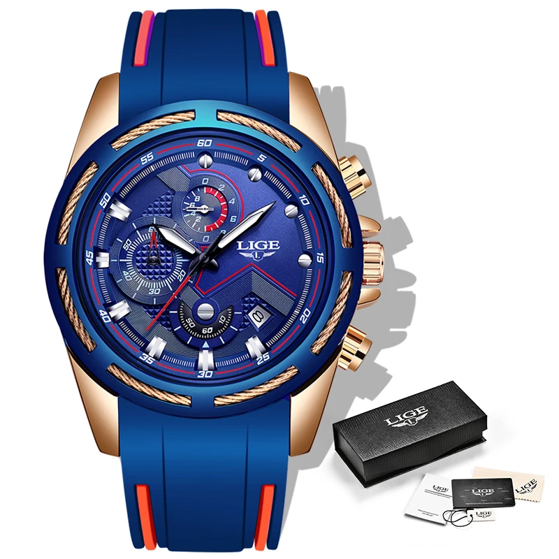 LIGE New Men Watches Top Brand Luxury Blue Silicone Strap Waterproof Watch Sport Chronograph Quartz WristWatch Relogio Masculino