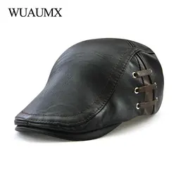 High Quality Autumn Winter PU Leather Beret Hats For Men Faux Leather Beret Hat With Ring Men's Visor Flat Cap Wholesale