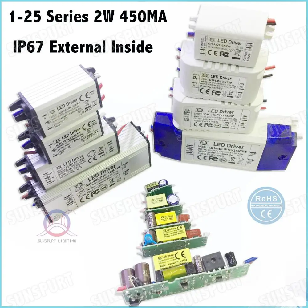 

High PFC 1-36W AC85-277V LED Driver 1-25Cx2W 450mA DC2-82V Constant Current Inside External Waterproof 5W 12W 36W Free Shipping