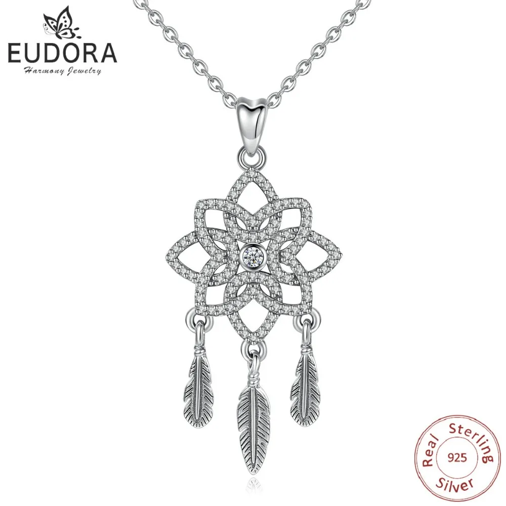 EUDORA Genuine 925 Sterling Silver Clear CZ & Feather & Dream Catcher Pendants Necklaces Vintage Flower Jewelry for Women D358