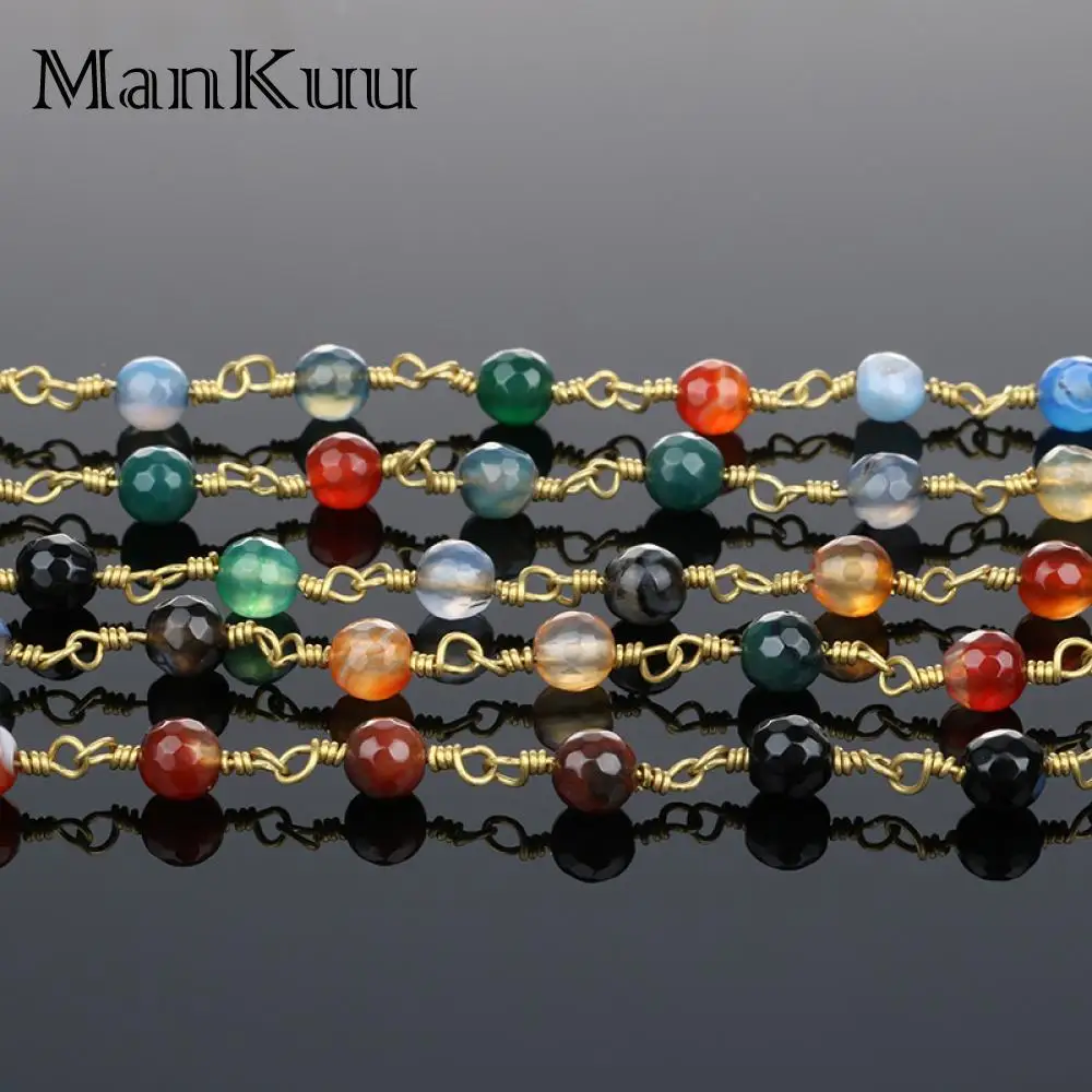 Mankuu 6mm Faceted Rainbow agaty kamienny koralik łańcuchy do różańca tworzenia biżuterii 5 m/partia hurtownie ręcznie robione złoto poszycia koralik łańcuchy