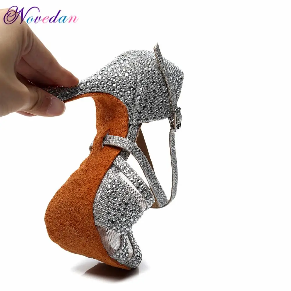 Latin Dance Shoes Women Rhinestone Glitter Salsa Ballroom Sandals Party Dancing Shoes High Heels 9cm Silver White