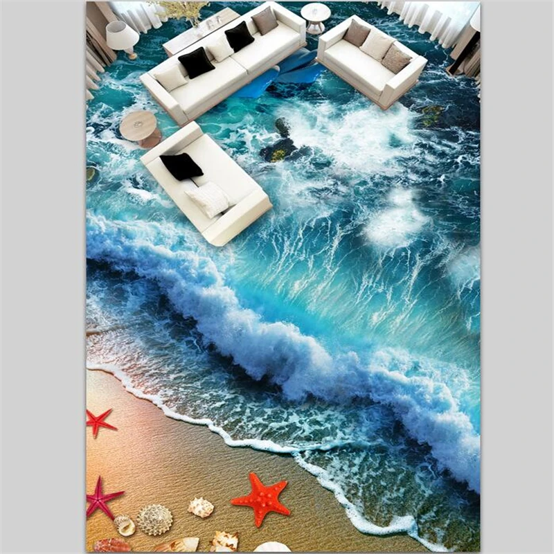 wellyu Custom 3D flooring stickers Beach beach waves 3D floor tiles to draw  Room living room custom HD Papel de parede mural