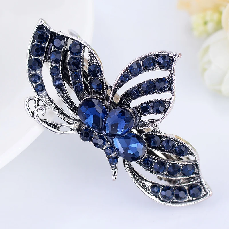 EASYA Vintage Blue Rhinestone Hairwear Butterfly Flower Hair Barrettes Women Hair Clips Retro Bow Hair Accessories Jewelry