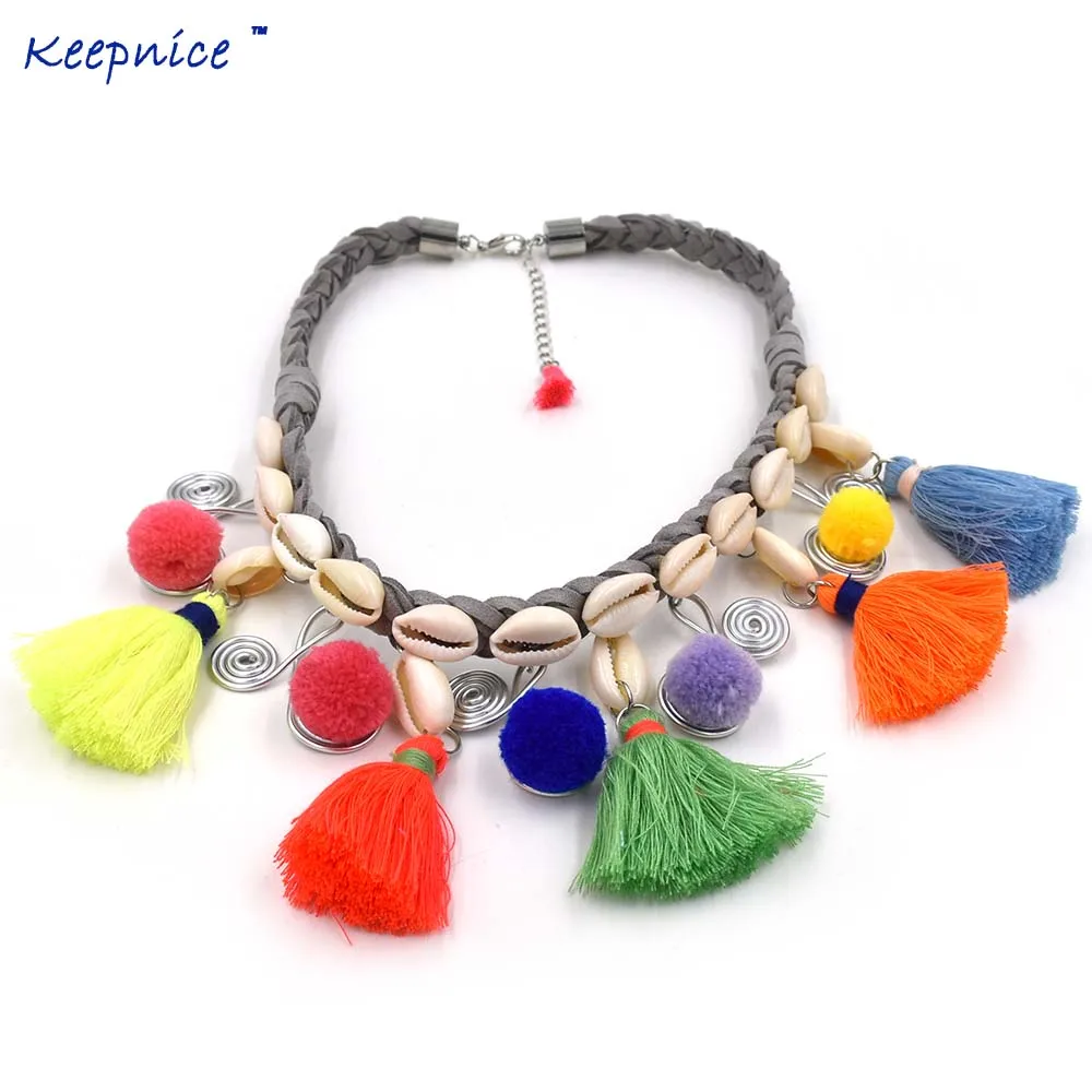 

New Bohemian Boho Choker Necklaces Colorful Tassel Pendants Necklaces Natural Shell Beaded Maxi Necklaces For Women