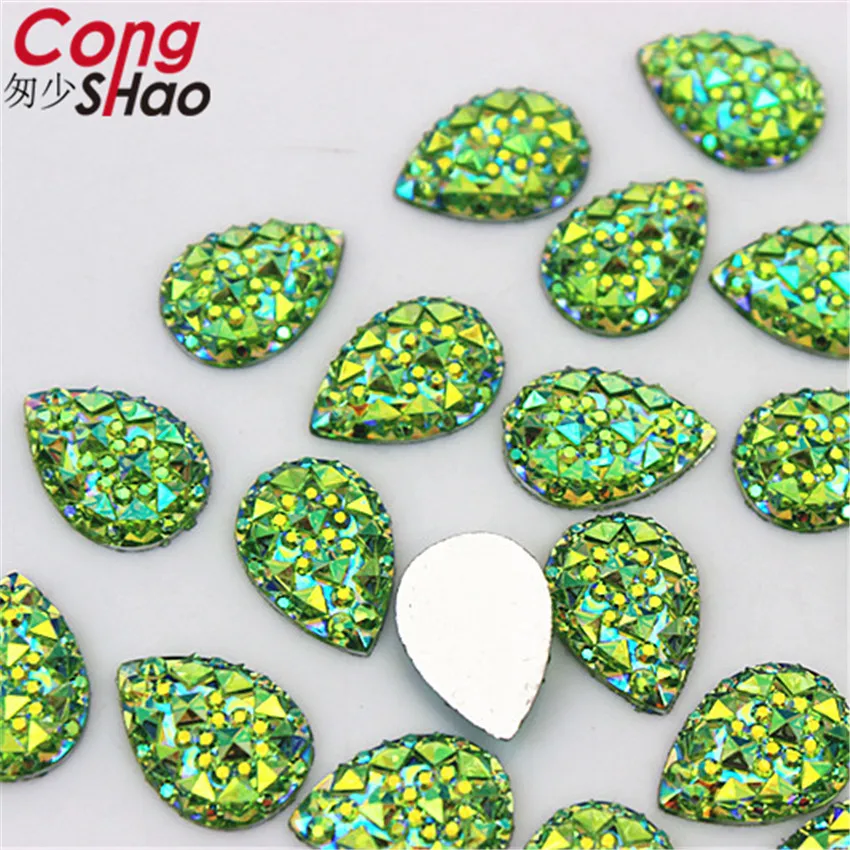 Cong Shao 100pcs 10*14/13*18mm AB Color Drop Stone And Crystals Flatback Resin Rhinestone Trim Wedding Dress Button Crafts YB31