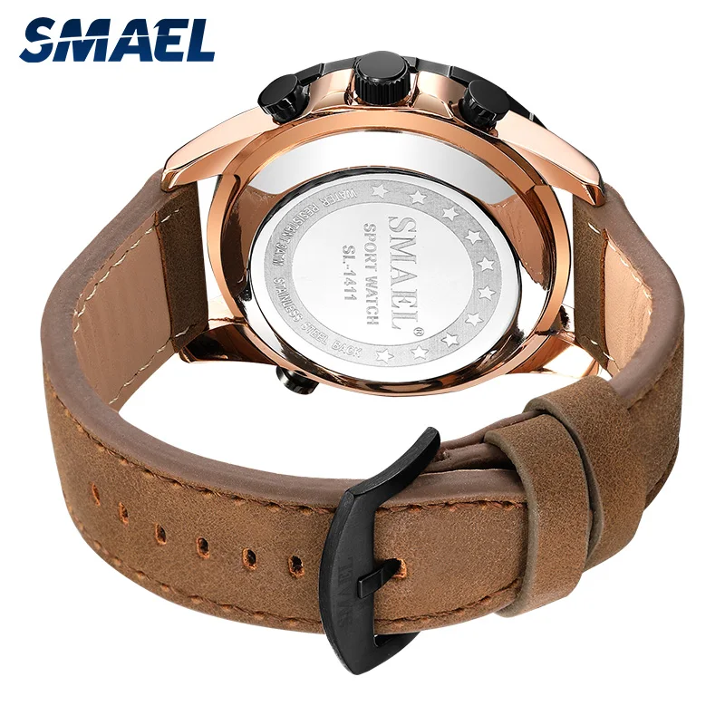 SMAEL Military Men Sport Watches Fashion Quartz Clock 30M Waterproof stopwatch Relogio Masculino SL-1411 Leather LDE Wristwatch