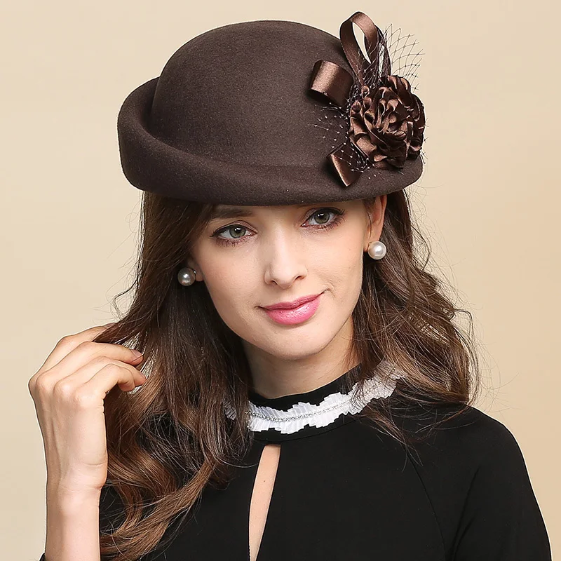 Lady Fedoras wełniany kapelusz dziewczyny kwiaty kopuła wełniana czapka kobieta czapka na basen rybak śliczny dorywczo wełniany kapelusz regulowany B-8728