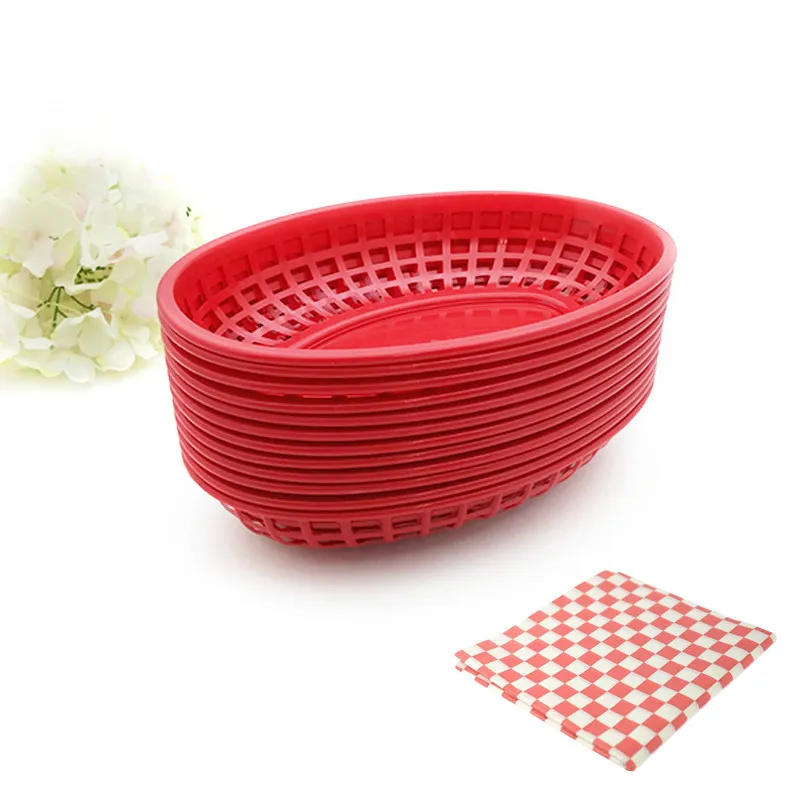 12pcs Serving Platter Food Serving Baskets 24 Wax Paper Hot Dog Cake Hamburger Fast Food Restaurant Hotel Supplies 9.5'