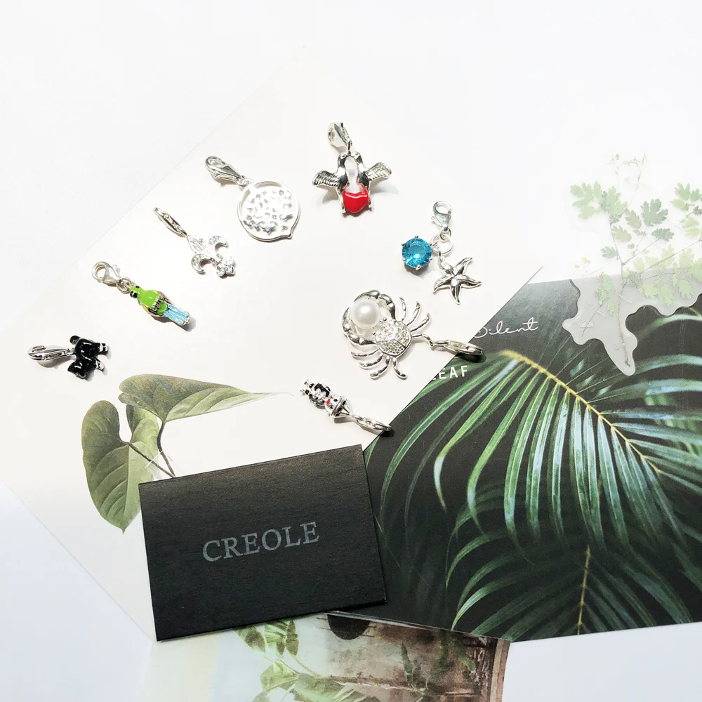 Black Cat Fleur-de-lis Lily Doll Parrot Tree Starfish Love Birds Crab Charm Pendant,2019 Summer Jewelry 925 Sterling Silver Gift