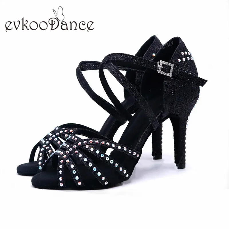 Zapatos de baile de salón para mujer, calzado de tacón alto de 9cm, 4 colores, para Salsa latina, Tango, Color negro y rojo, DIY, Evk-512