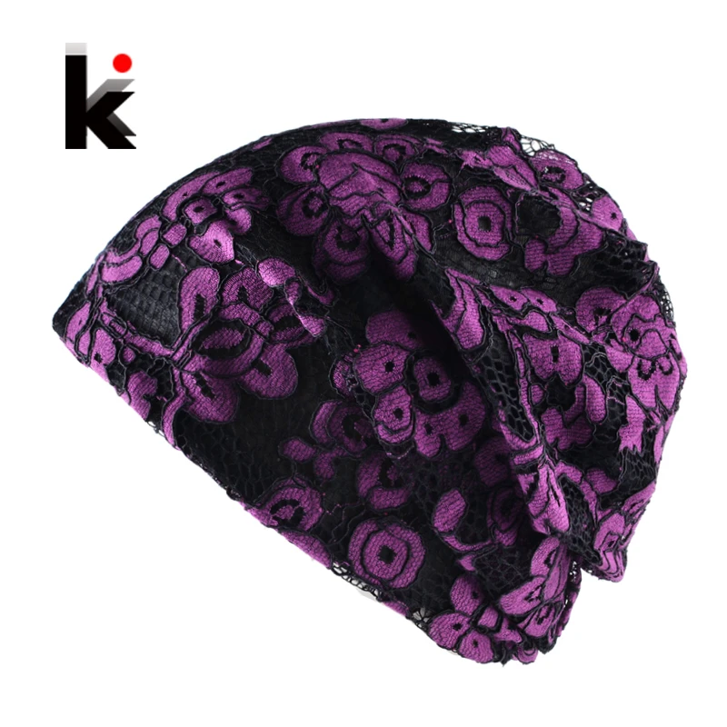 

Spring Autumn Casual Turban Bonnet Caps Women Fashion Lace Flower Thin Beanies Hat For Ladies Sckullies E Gorros Mulheres Beanie