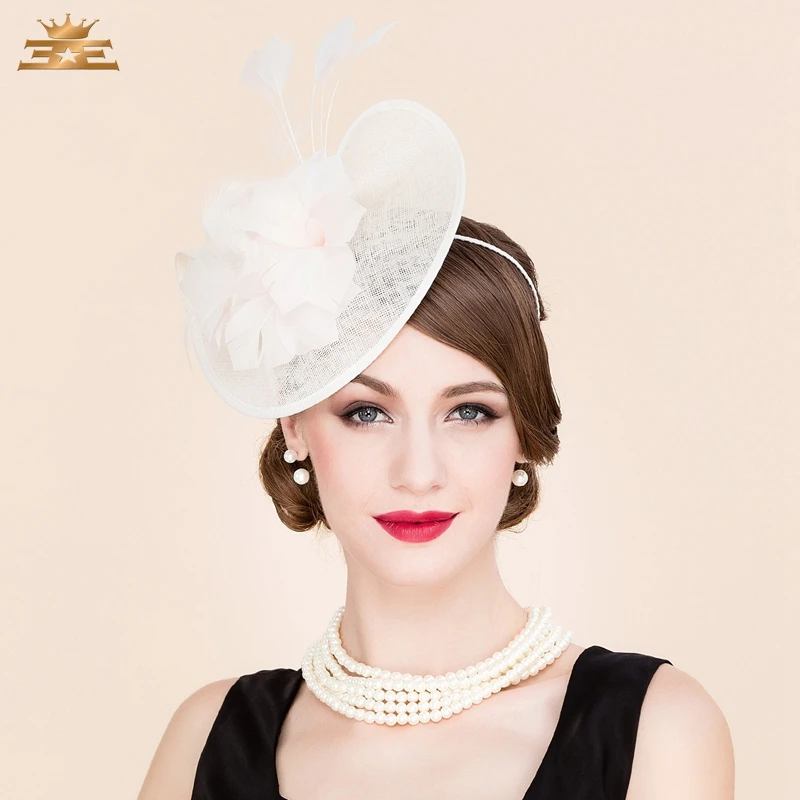 

British Style Beige White 100% Linen Wedding Sinamay Hat for Women Fashion Feather Banquet Party Church Derby Caps B-8180
