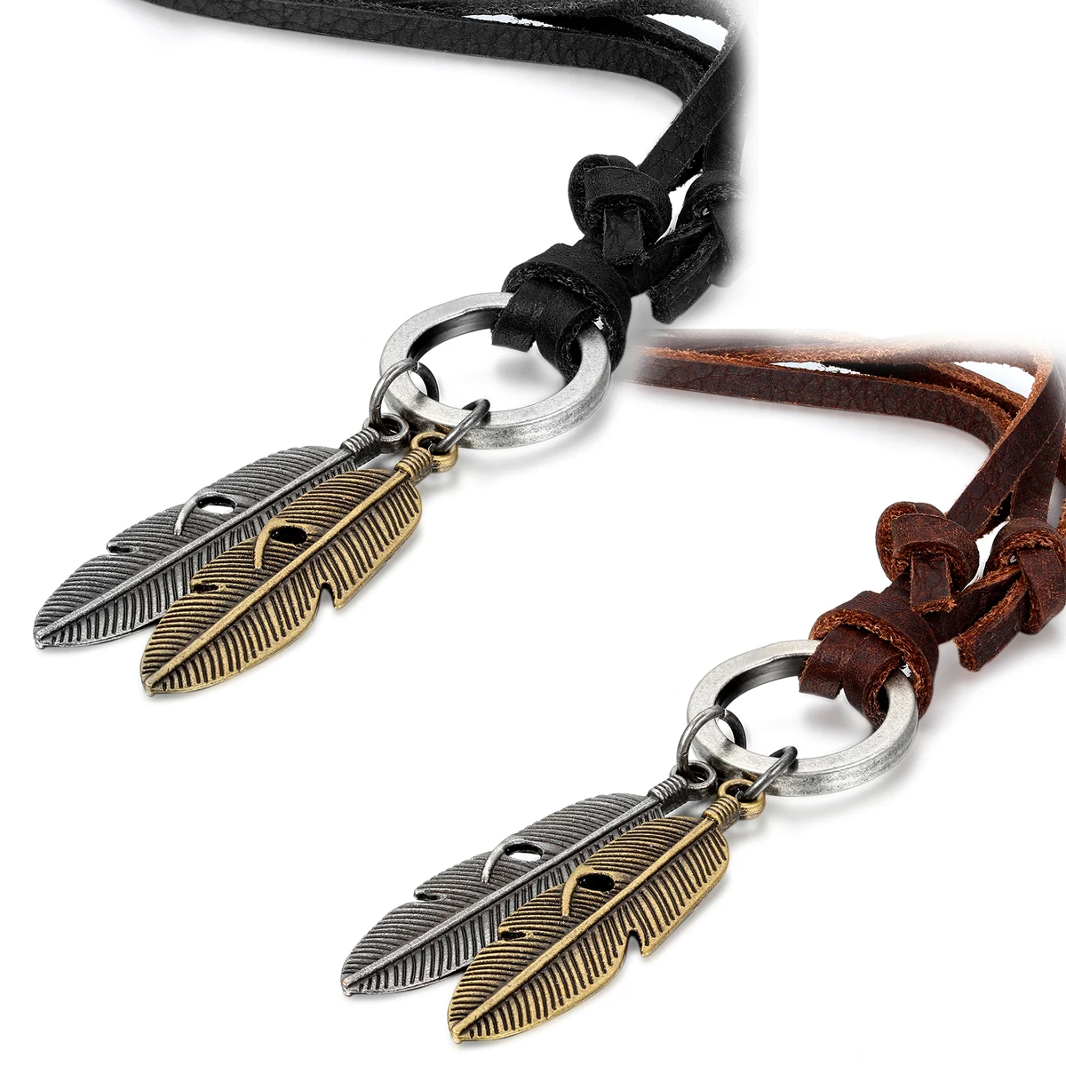 BONISKISS New Trendy Antique Bronze Angel Feather Leather Cord Mens Necklace Chain, Gold Silver Color Brown Cool Gift