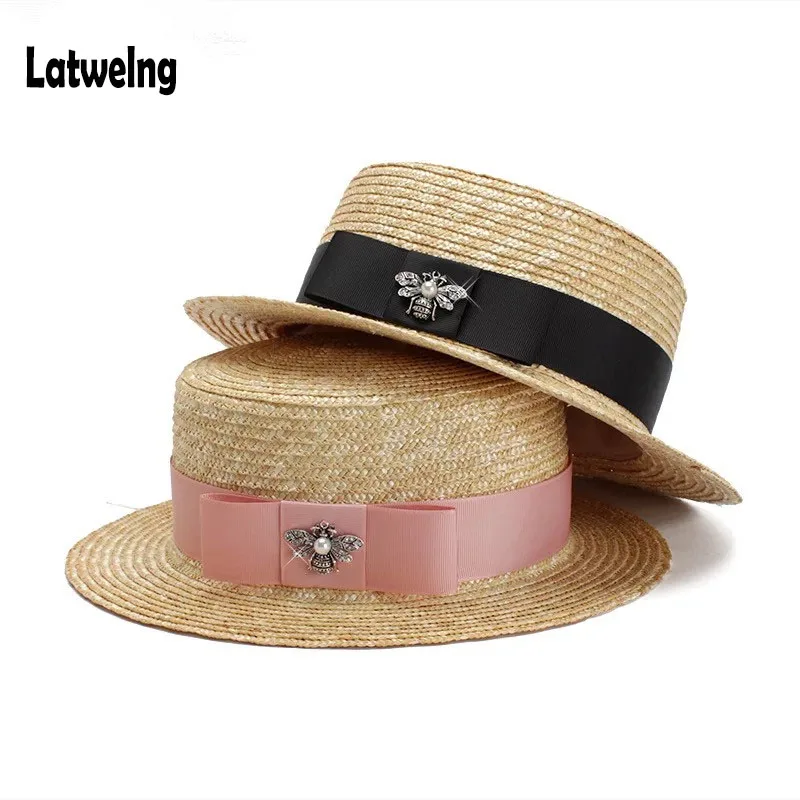 

Luxury Brand Women And Children Straw Sun Hats Fashion Bee Sun Summer Hat For Girls Lady Handmade Flat Panama Beach Hat Party