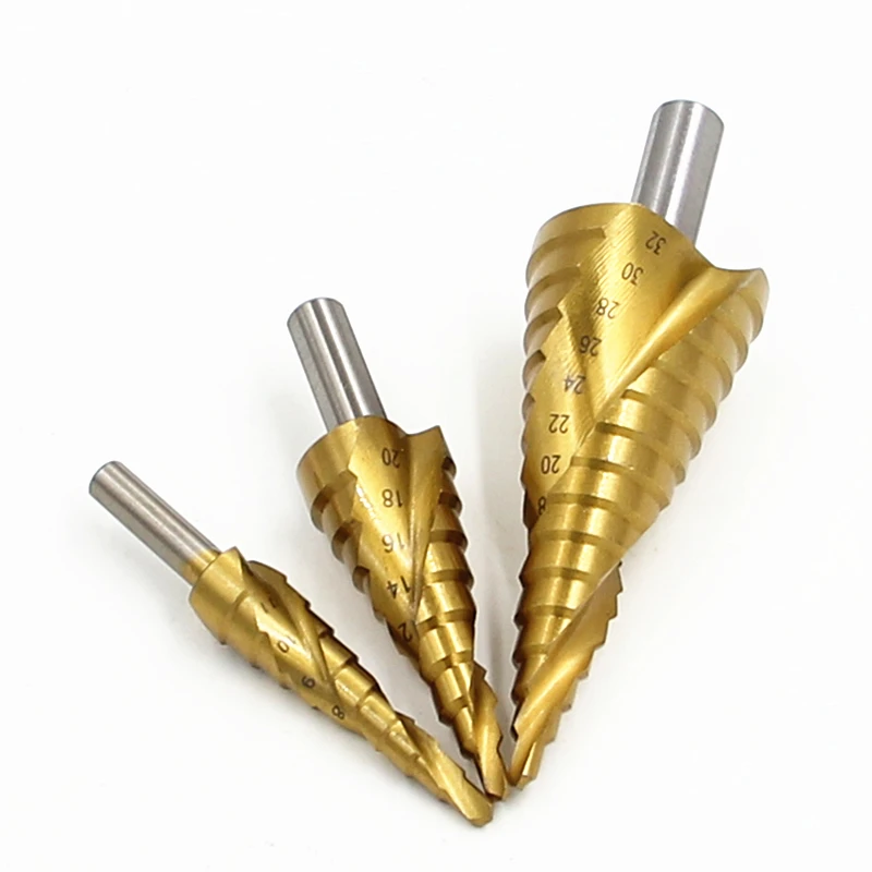 

4241 3pcs HSS Spiral Grooved Core Cone Step Drill Bits Triangle Shank 4- 12mm 4-20mm 4-32mm Chamfer Hole Cut Cutter