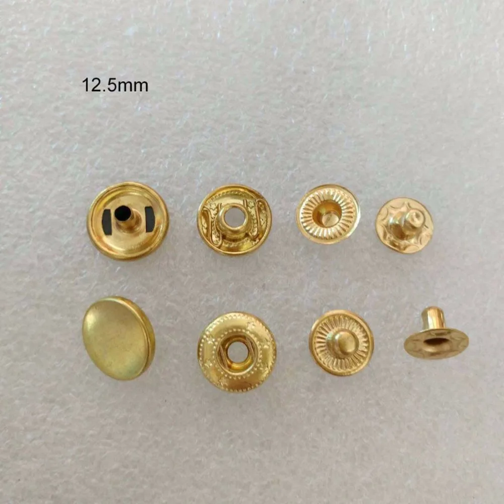 Wholesale 100sets/lot 10mm 12.5mm 15mm four part brass metal button spring snap button snap fasteners light gold 2017101802