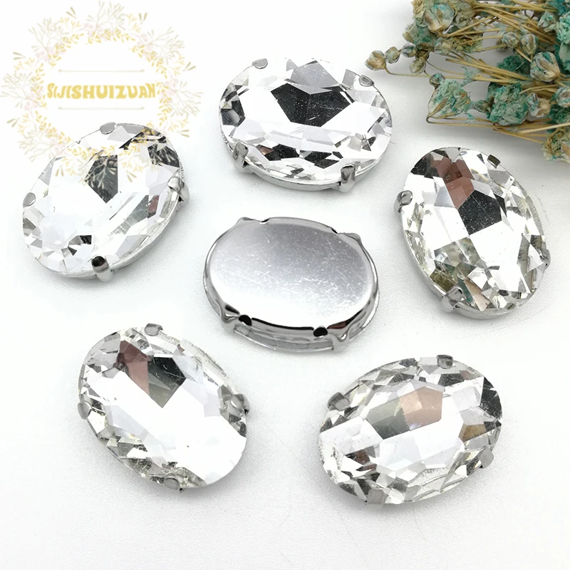 Classic style White OVAL shape Glass Crystal sew on rhinestones with four claw Diy wedding decoration