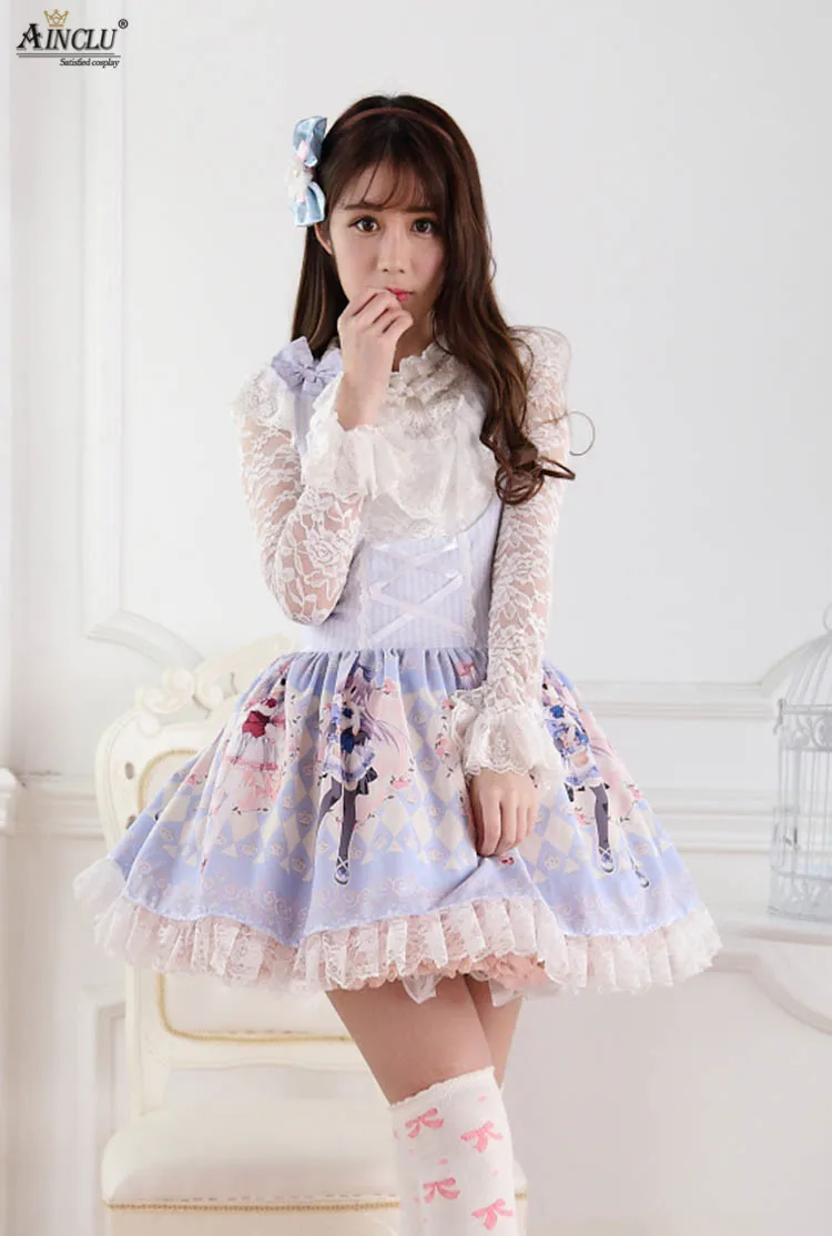 Ainclu Vrouwen Blauw Polyester Rose Soft Schattige Zoete Leuke Riem Prinses Lolita Jurk