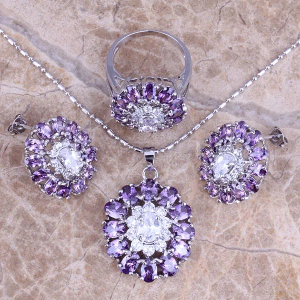 Superb Purple Cubic Zirconia Silver Plated Jewelry Sets Earrings Pendant Ring Size 6 / 7 / 8 / 9 / 10 Free Gift Bag S0427