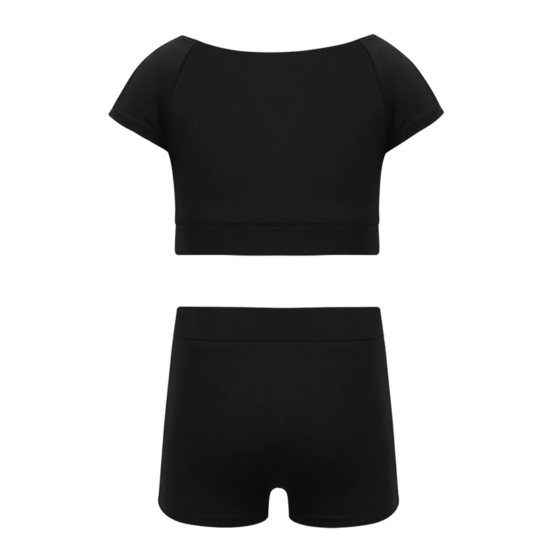 Girls Black Short Sleeve Tankini Crop Top Shorts Set Child Ballet Dance Sports Workout Gymnastics Suits Kids Dance Wear