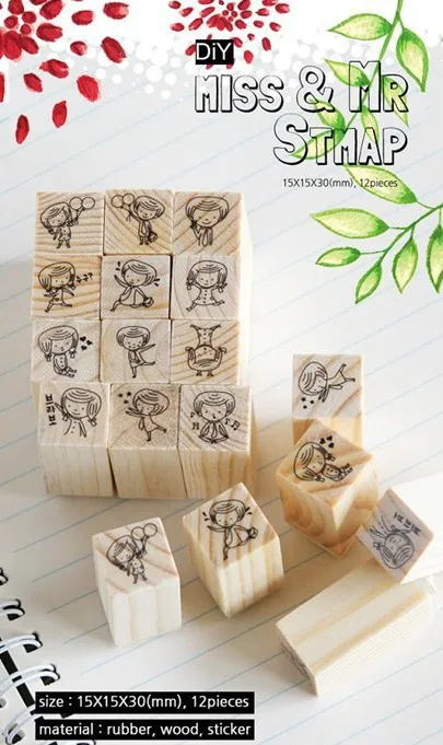 12 Pcs/Pack DIY Scrapbooking Vintage Wood Stamps Decoration Creative Girl and BoyStamp Set Gift Free Shipping