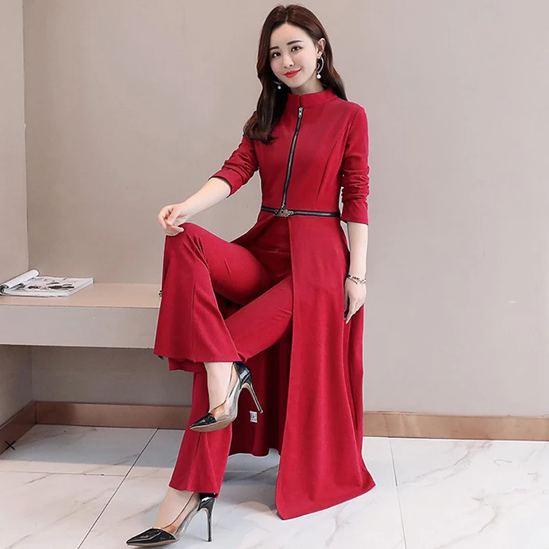 2024 Spring Autumn Two-piece Set Women\'s Elegant Wide-leg Trousers Suit Ladies Split Dress +High Waist Wide Leg Pants Women Suit